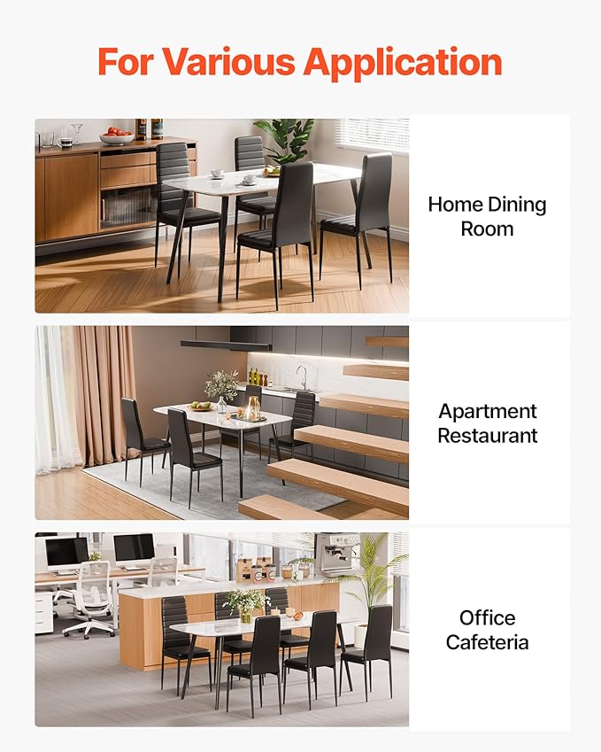 VEVOR Modern Dining Room Accent Chairs Set of 6, Upholstered Leather Side Chair for Living Room, Space-Saving Kitchen Chair with Thick Cushions and Metal Legs, Black