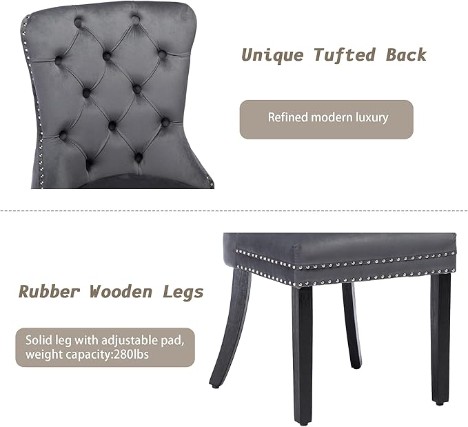 KCC Velvet Dining Chairs Set of 6, Upholstered High-end Tufted Dining Room Chair with Nailhead Back Ring Pull Trim Solid Wood Legs, Nikki Collection Modern Style for Kitchen, Grey