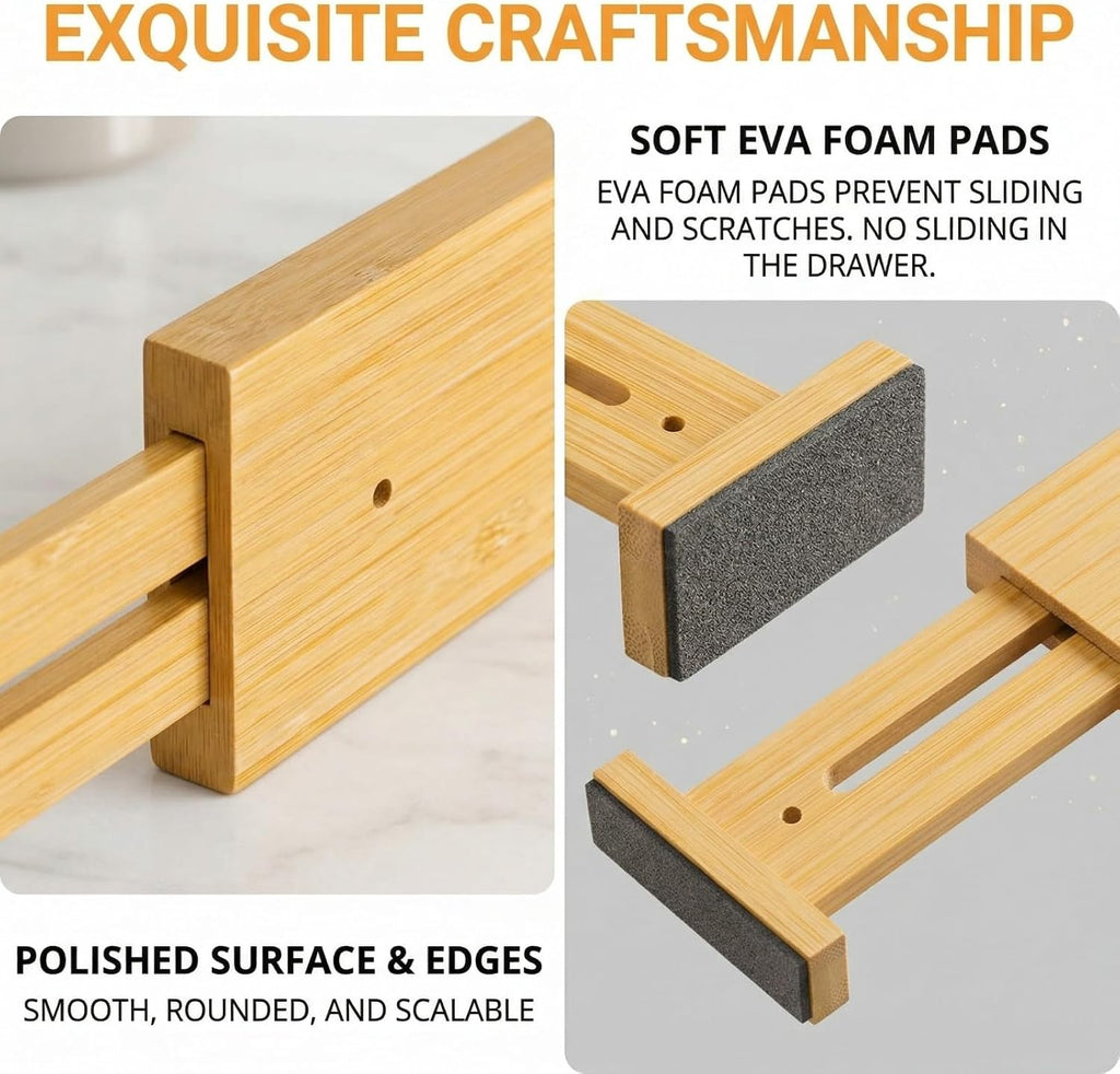 FUSHITON Bamboo Drawer Dividers 17"-22" Adjustable Expandable Drawer Organizers Spring Loaded Drawer Separators for Kitchen Dresser Bathroom Bedroom Office Storage, 4 Pack