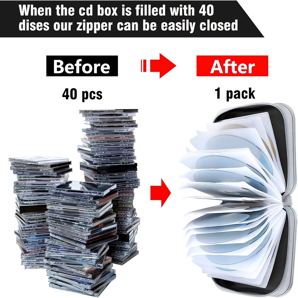 Siveit CD Case, 40 Capacity CD/DVD Case Holders Wallet Hard Plastic DVD Disc Cases Storage Binder for Car Home Office Travel (Black)