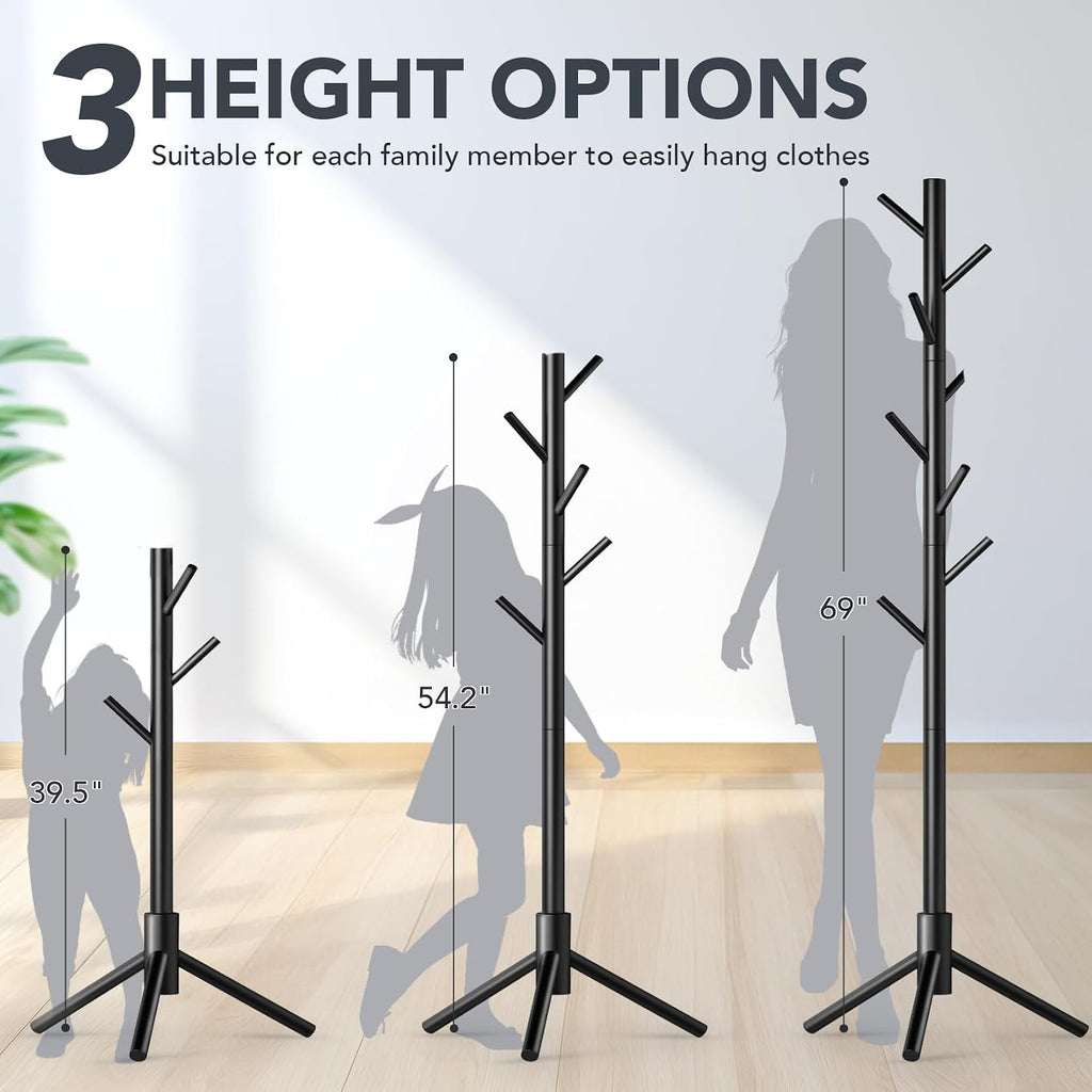Wooden Coat Rack Freestanding with 8 Hooks,Easy Assembly New Zealand Pine Tree Coat Racks, 3 Adjustable Sizes for Clothes, Hats, Bags, for Entryway, Hallway, Bedroom, Office (Black, 1 PC)
