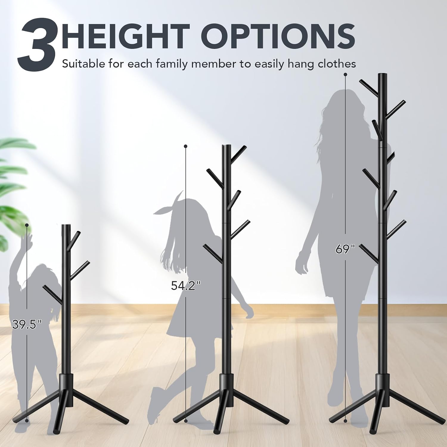 Wooden Coat Rack Freestanding with 8 Hooks,Easy Assembly New Zealand Pine Tree Coat Racks, 3 Adjustable Sizes for Clothes, Hats, Bags, for Entryway, Hallway, Bedroom, Office (Black, 1 PC)