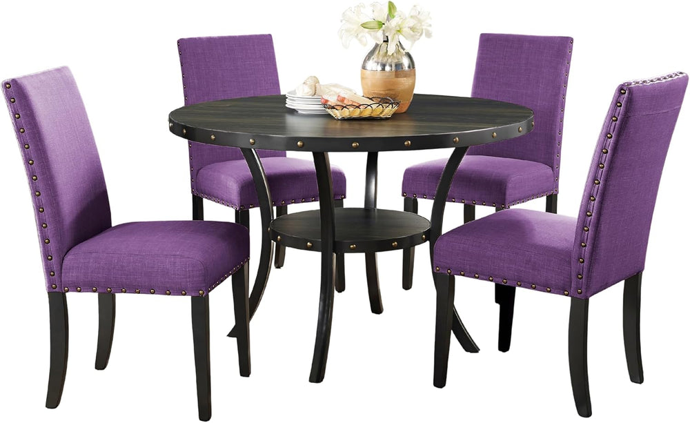 Roundhill Furniture Biony Espresso Wood Dining Set with 4 Fabric Nailhead Cha...