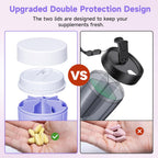 Daviky Pill Bottle Organizer, Supplement Organizer with 7 Large Compartments, Travel Pill Dispenser Round Pill Box with Two Lids（Purple）