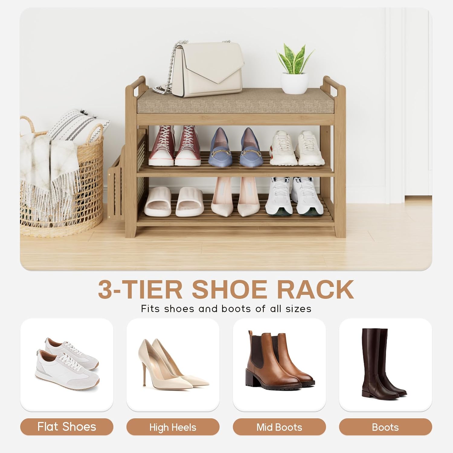 Homaxy 2-Tier Shoe Rack Bench, 28.2 in, Walnut and Light Brown | Bamboo Entryway Bench, with Side Holder, Shoe Rack Organizer with Cushion for Front Entrance, Hallway Living Room Bedroom