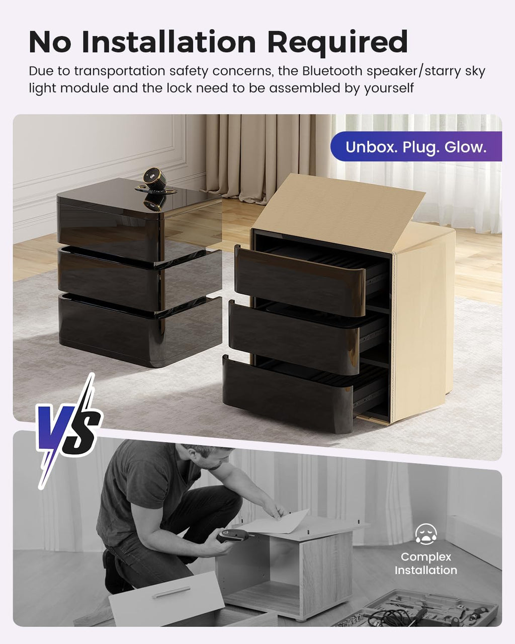 Dystler Fully Assembled Nightstand with Charging Station and LED Lights | 3 Drawers Bedside Table with Galaxy Projector & Hidden Storage, Modern RGB Night Stand Setup Perfect for Bedroom Display