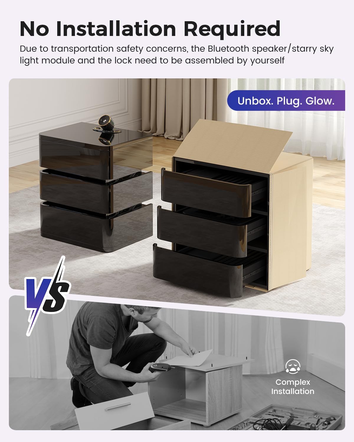 Dystler Fully Assembled Nightstand with Charging Station and LED Lights | 3 Drawers Bedside Table with Galaxy Projector & Hidden Storage, Modern RGB Night Stand Setup Perfect for Bedroom Display