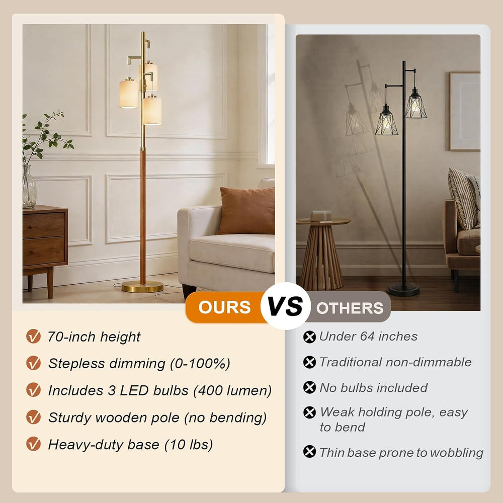 Wood Floor Lamps for living room, 70" Dimmable Gold Mcm Standing Tall Lamp