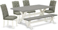 East West Furniture X097EL207-6 6 Piece Kitchen Table Set Contains a Rectangle Dining Table with X-Legs and 4 Gray Linen Fabric Parson Chairs with a Bench, 40x72 Inch, Multi-Color