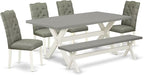 East West Furniture X097EL207-6 6 Piece Kitchen Table Set Contains a Rectangle Dining Table with X-Legs and 4 Gray Linen Fabric Parson Chairs with a Bench, 40x72 Inch, Multi-Color