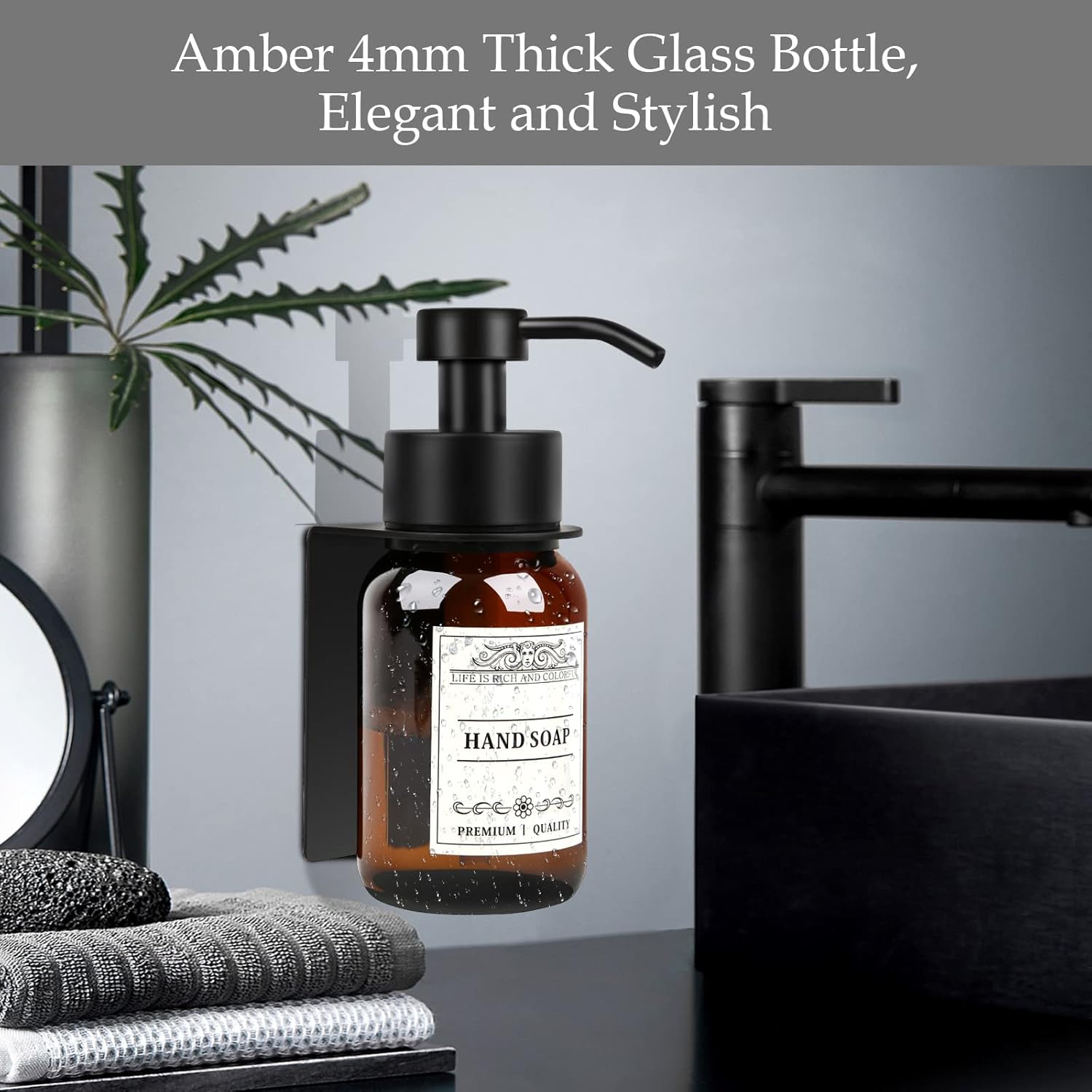 Glass Soap Dispenser with Pump and Wall Mount Holder,8.5 Oz Shampoo and Conditioner Dispenser with Waterproof Labels(Brown)