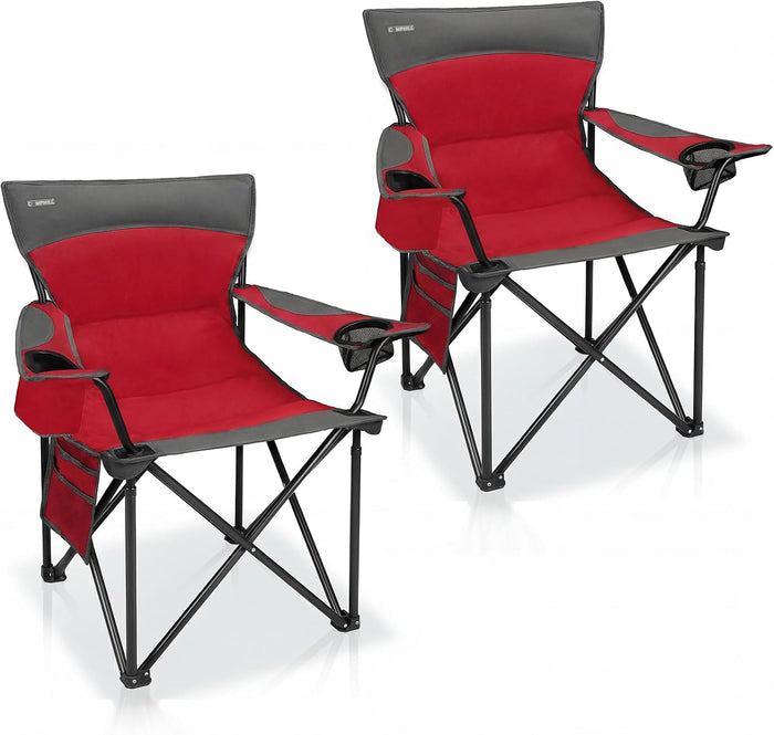 Oversized Camping Chair for Adults - 2 Pack Padded Lawn Chairs with Cup Holder & Side Pocket,Heavy Duty Folding Outdoor Chairs for Camp,Sports,Picnic,Beach,Red