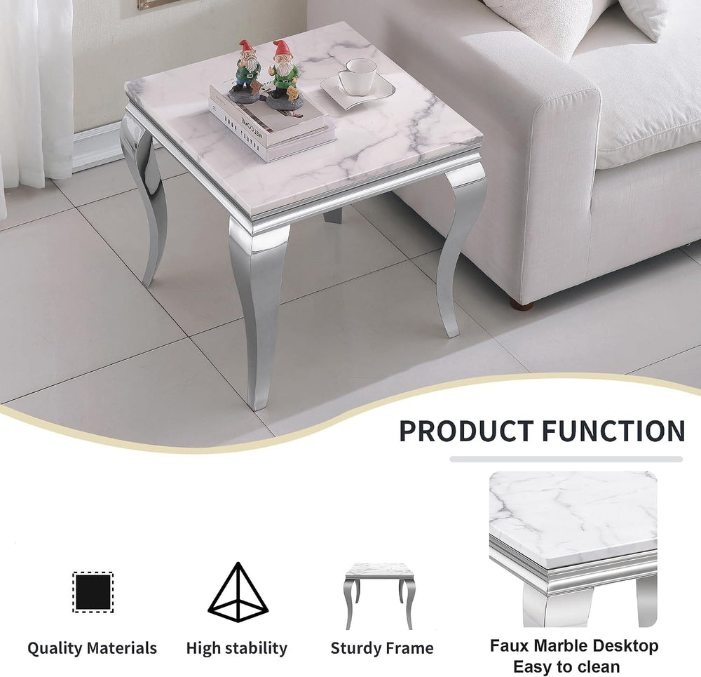 Marble End Table, Modern White Faux Marble Sofa Side Table with Silver Stainl...