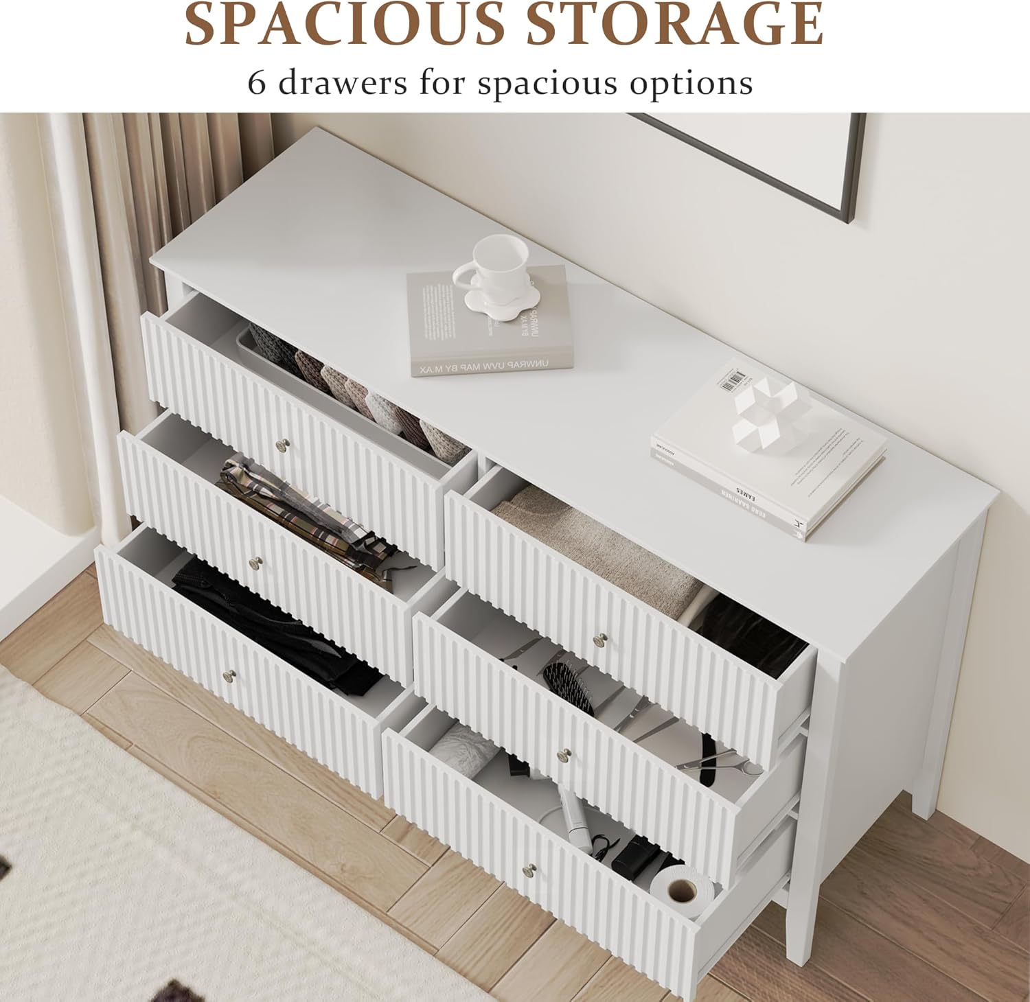 RoyalCraft White 6 Drawer Dresser for Bedroom, Fluted Painted Wood Chest of Drawers, Modern TV Stand Storage Cabinet for Living Room, Entryway, 47" W x 16" D x 32" H