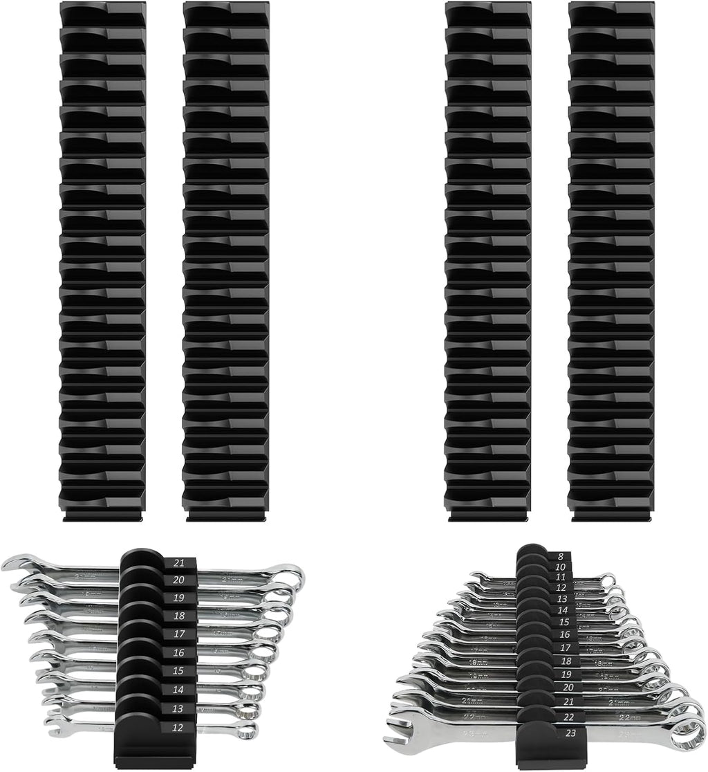 80 pcs MAGNETIC Modular Wrench Organizers for Tool Drawers - Wrench Rack with Metric & SAE Labels, Perfect Tool Storage Holder. Gift for father, brother and boyfriend (With Magent) (Black)