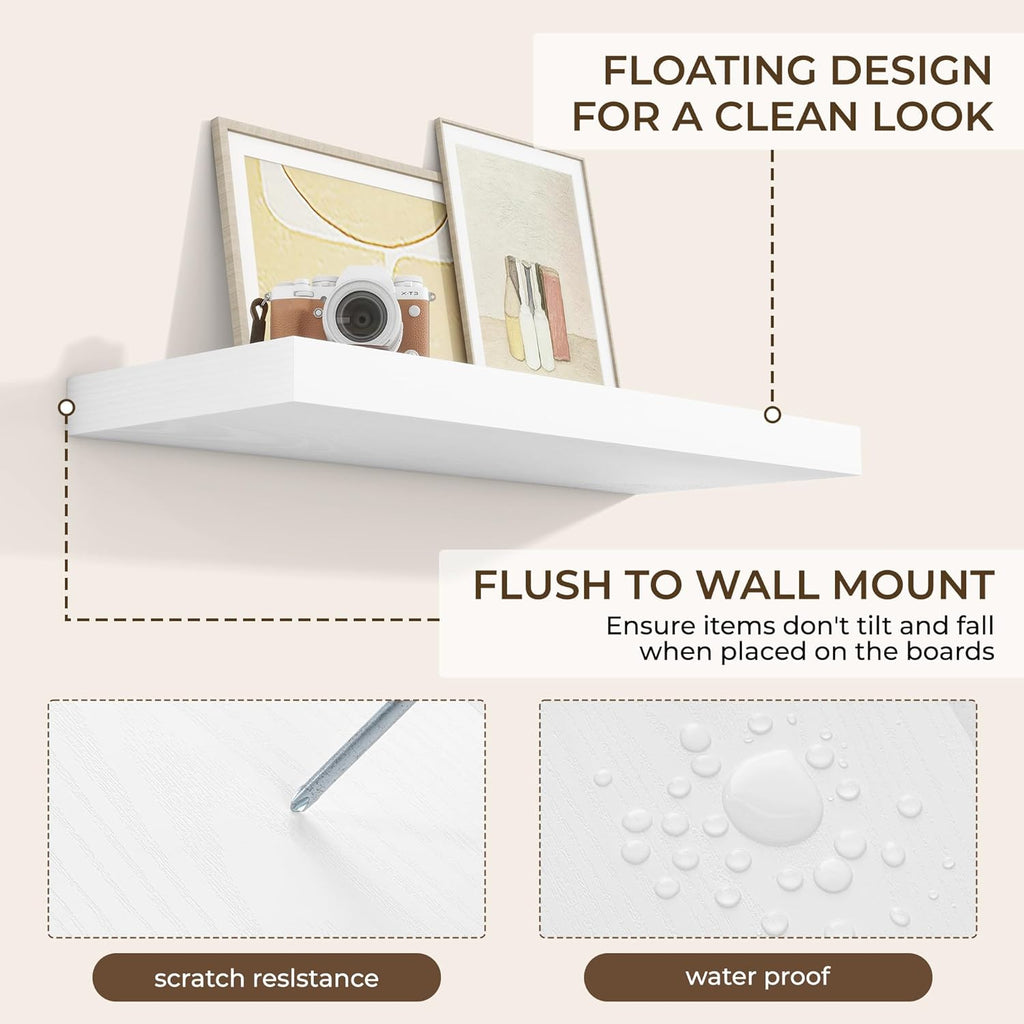 RICHFOCUS 36Inch Floating Shelves for Wall 2 Pack Shelves for Bedroom|Kitchen|Bathroom Wall Mounted Rustic Wood Floating Shelf with Invisible Brackets for Books|Storage|Decor, White