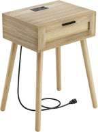 HAIOOU Nightstand with Charging Station Rattan Drawer, Mid Century Modern Side Table, End Beside Table with Pine Wood Legs Storage for Bedroom Living Room