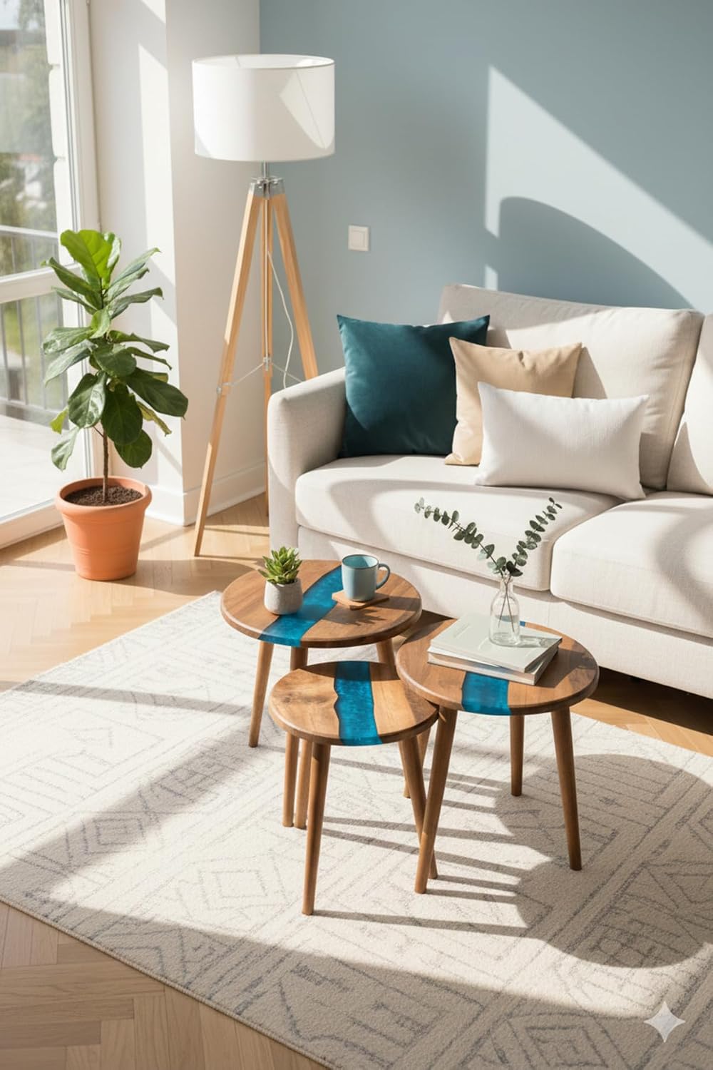3-Piece Round Nesting Side Table Set 15.7 in | Blue Walnut Wood & Epoxy |...