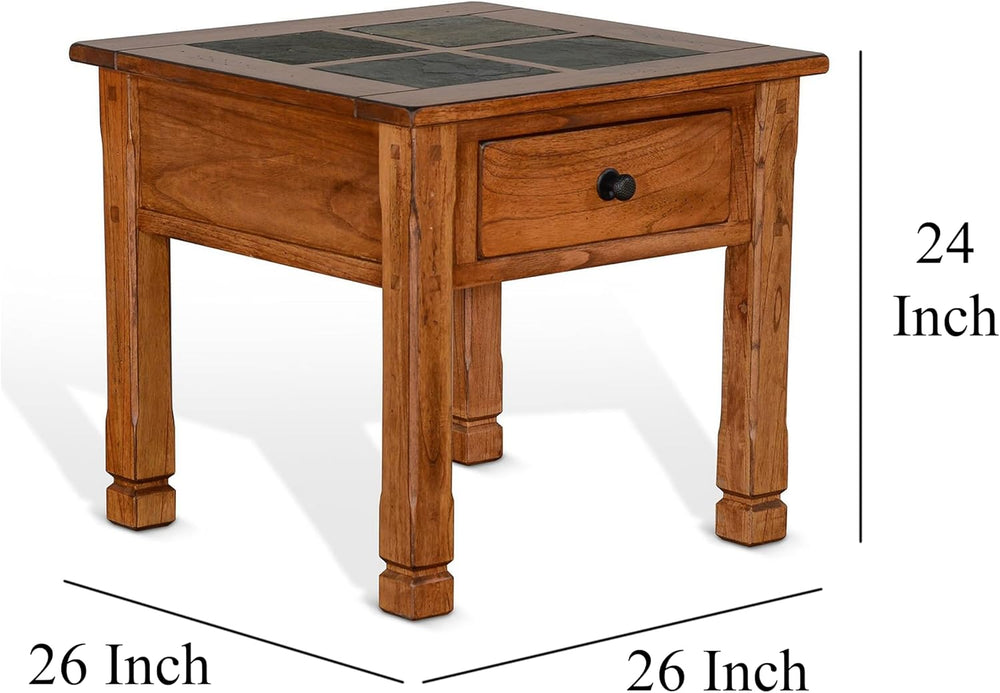 Benzara Marv Side End Table w Drawer- 26 Inch Square Slate Inlay Top- Brown