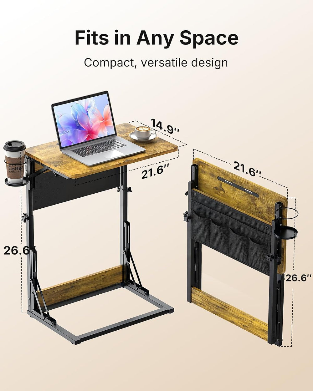 HUANUO Adjustable TV Tray Table with Cup Holder, Storage Bag & Tablet Slot