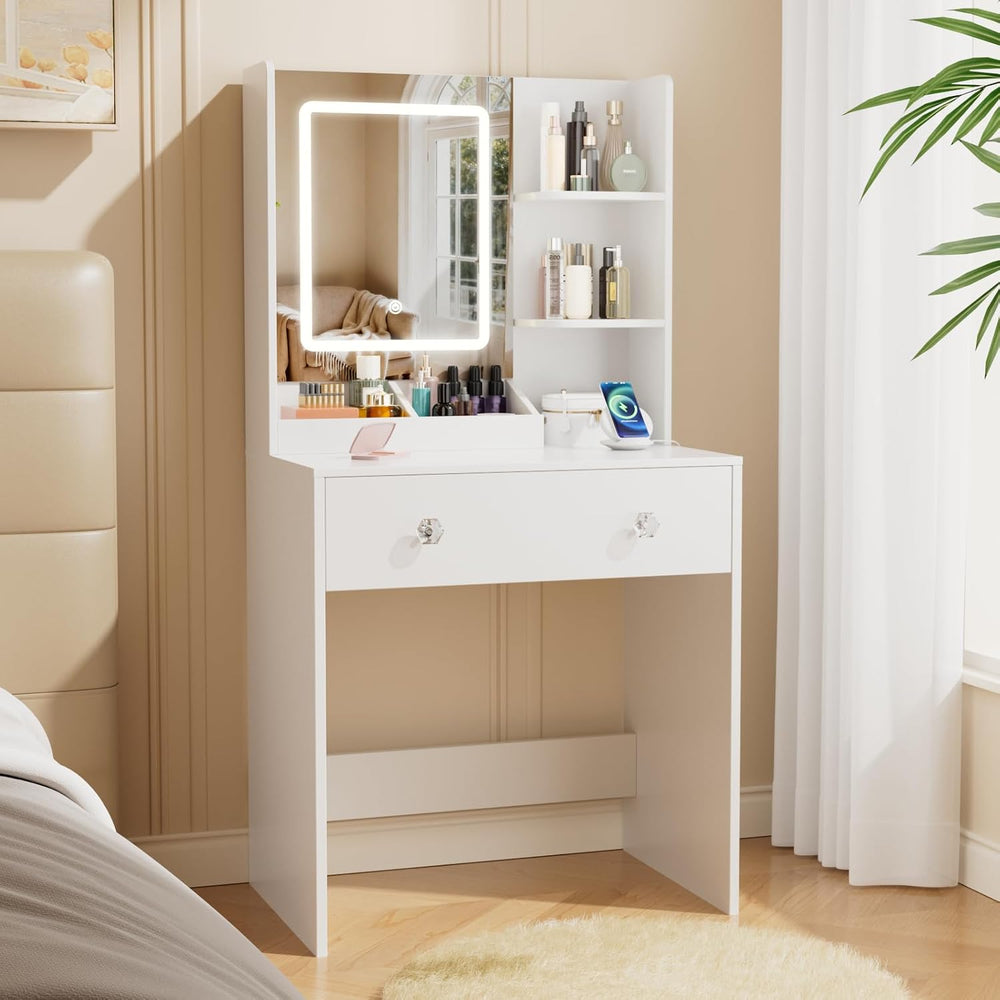 Korfile 24" White Small Vanity Desk with Lighted Mirror & Power Outl...