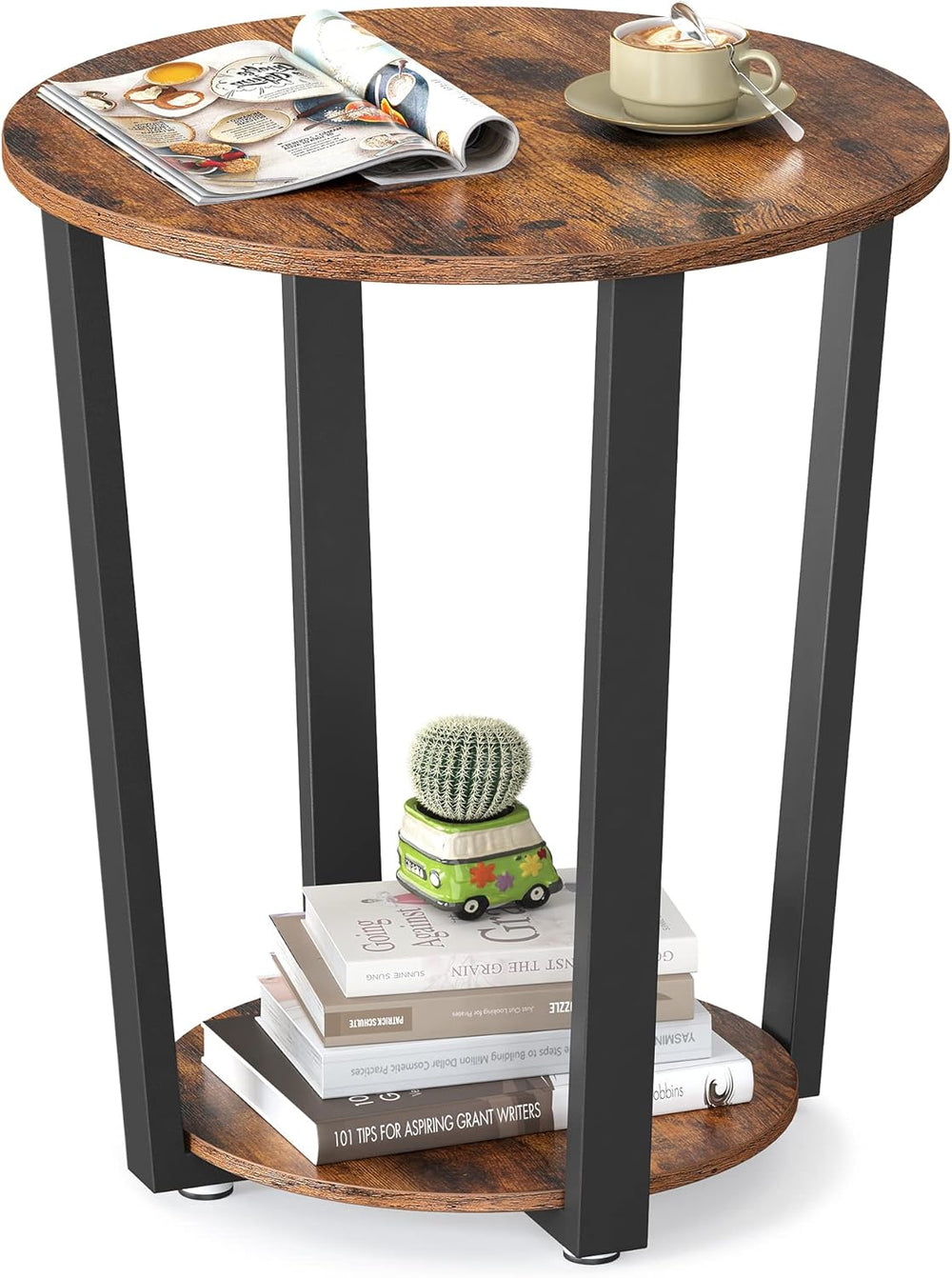 VASAGLE Round Side End Table, 2-Tier Accent Bedside Table with Storage Shelf,...