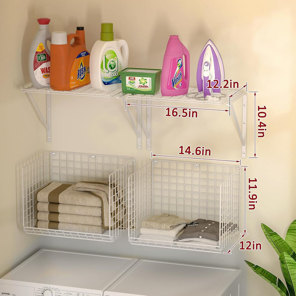 2 Pack Laundry Room Shelves Wall Mounted with Wire Baskets, Over the Washer a...