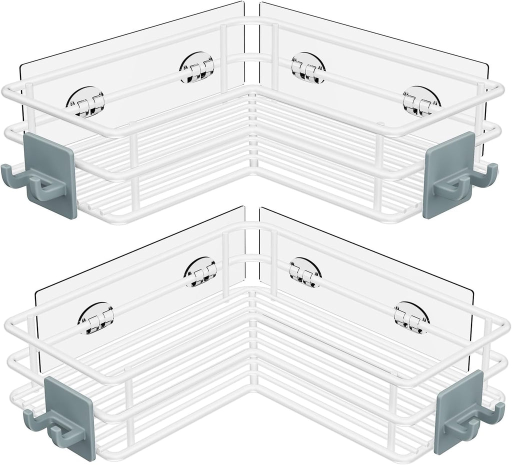 Nieifi Adhesive Corner Shower Caddy Shelf Basket Rack with Hooks, Rust Proof Stainless Steel Bathroom Shelf Shampoo Holder No Drilling (White)