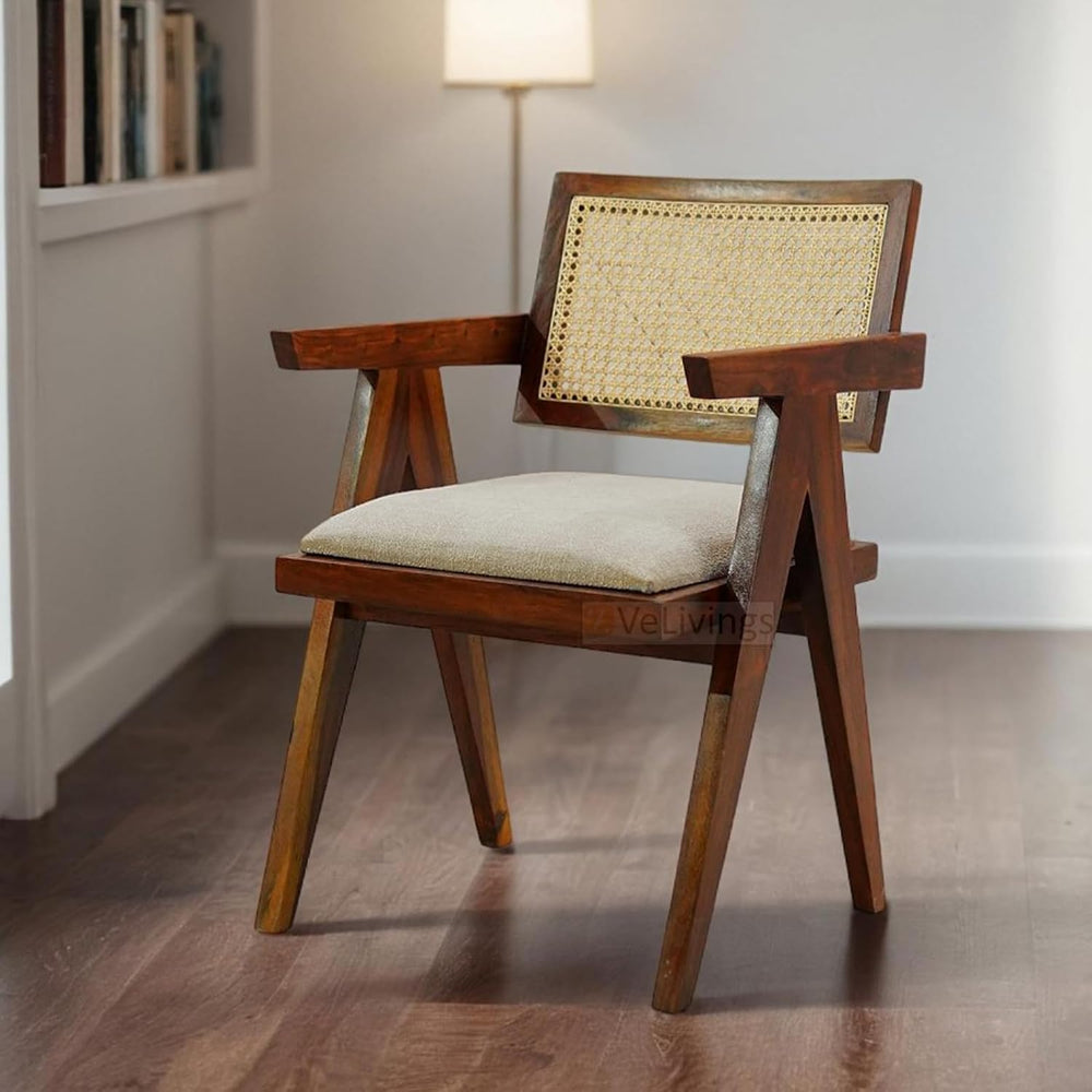 Solid Sheesham Wood Arm Chair with Cushion and Cane Back Support Chair Living...
