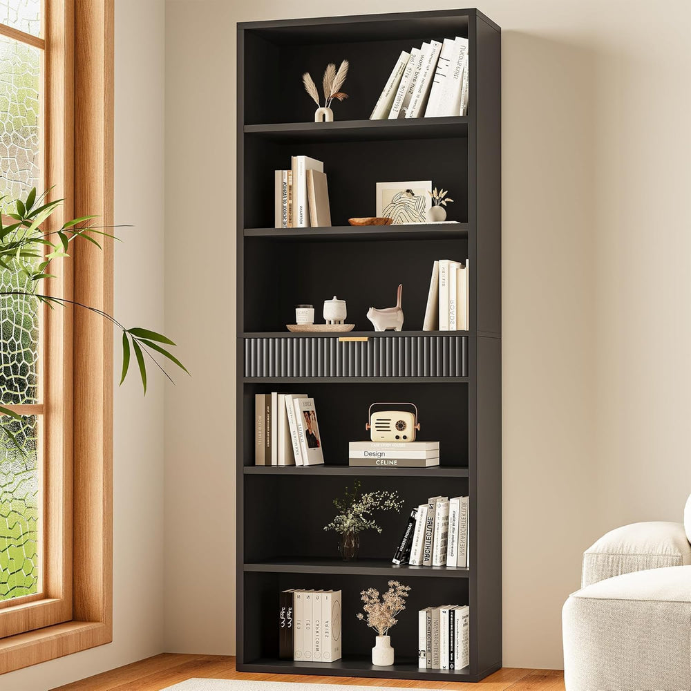 INNOD 7-Tier Bookshelf with Storage, 72" Tall Bookcase with Drawer, Disp...