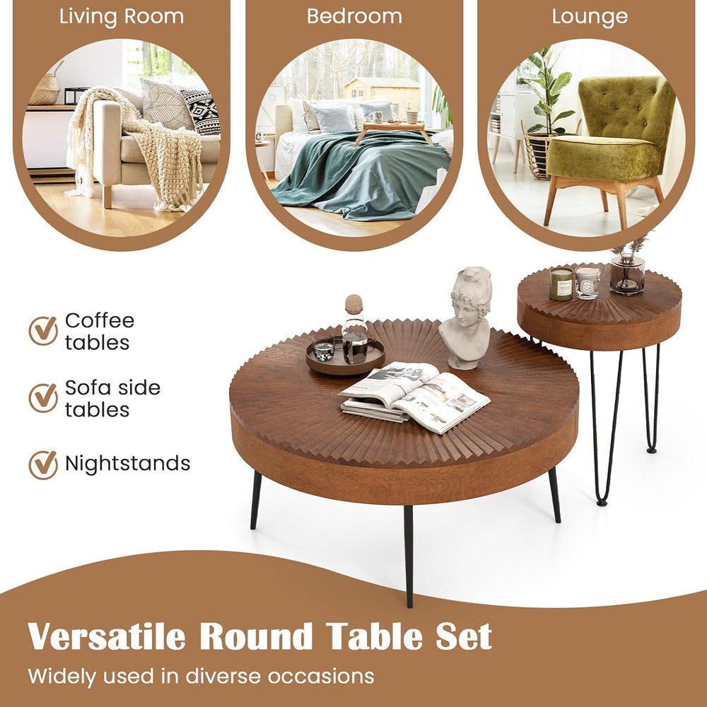 COSTWAY Farmhouse Round Coffee Table Set of 2, Rustic Sofa Side Tea Tables w/...