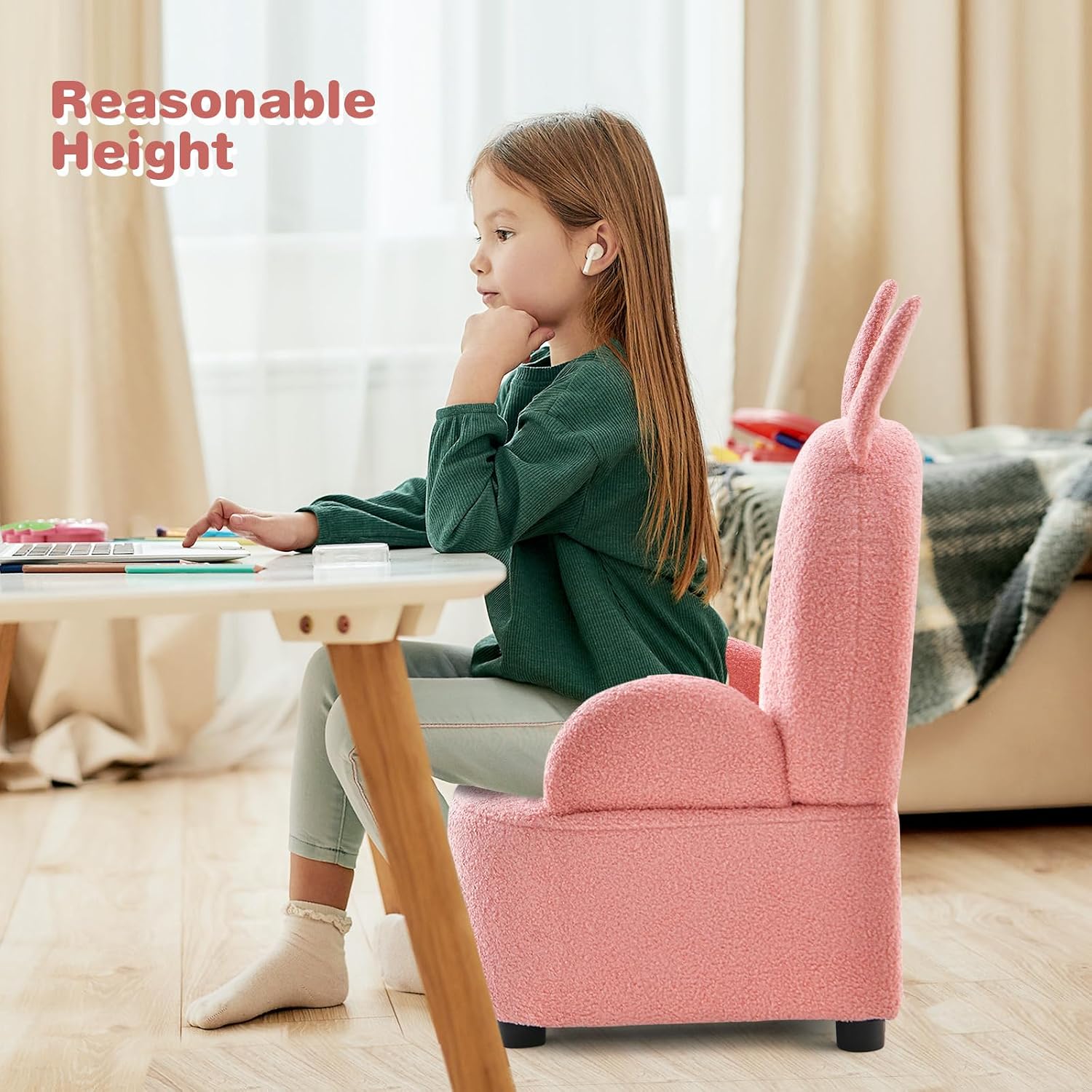 INFANS Kids Sofa with Footstool, 2 Seat Toddler Upholstered Couch, Children Armrest Chair Lounge for Nursery Kindergarten Kids Room Boys Girls, Sturdy Wood Construction Velvet Surface (Rabbit)