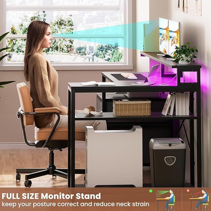 Aheaplus L Shaped Desk with File Drawer, Reversible L Shaped Computer Desk Gaming Desk with Power Outlet & LED Strip, Home Office Desk with Monitor Shelf, Corner Desk with Storage Shelves, Black
