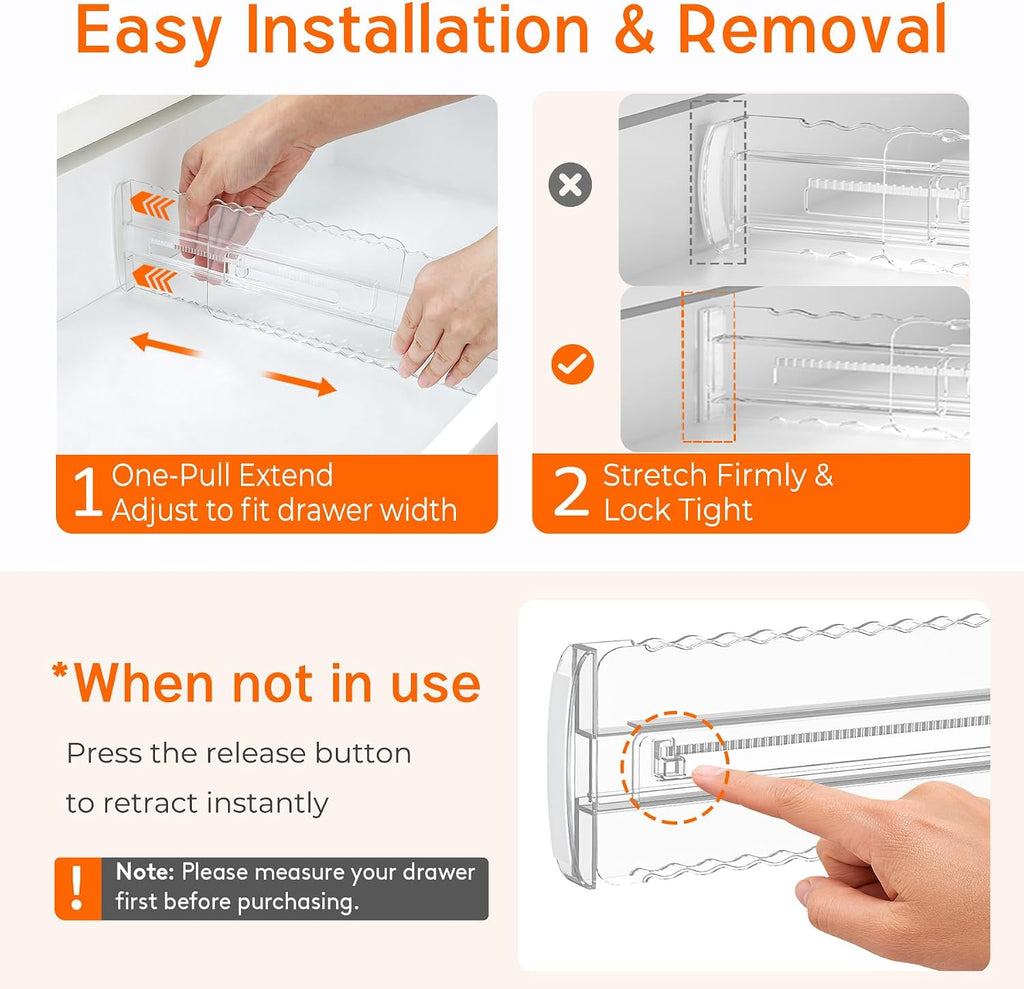 4 Pack 4" High Drawer Dividers for Clothes, 10.2"-16.5" Expandable Dresser Drawer Organizers, Adjustable Plastic Clear Drawer Separators for Kitchen, Baby Clothing, Socks, Underwear, Bedroom