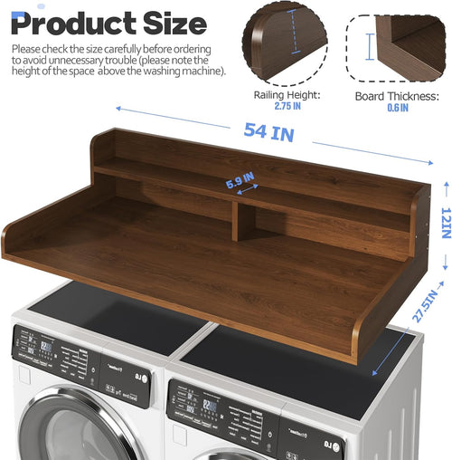 2-Tier Washer and Dryer Countertop with 2.75" H Guard,54" W x 27.5" D Laundry Countertop Cover with Non-Slip Pad,Large Space Laundry Topper for Folding Clothes Over Washer and Dryer-Brown