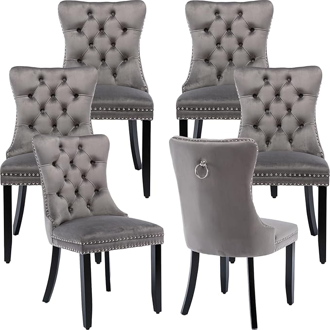Modern Dining Chairs Set of 6, Tufted Upholstered Dining Chair with Solid Wood Legs, Grey Velvet Accent Chair, Sillas de Comedor, 6 Dining Chairs (Gray, Velvet, 6Pcs)