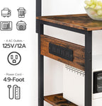 HOOBRO Large Bakers Rack with Power Outlets, 6-Tier Microwave Stand with 4 Hooks, Coffee Bar, Kitchen Shelf with Wire Basket, for Kitchen, Living Room, Office, Rustic Brown and Black BF64UHB01