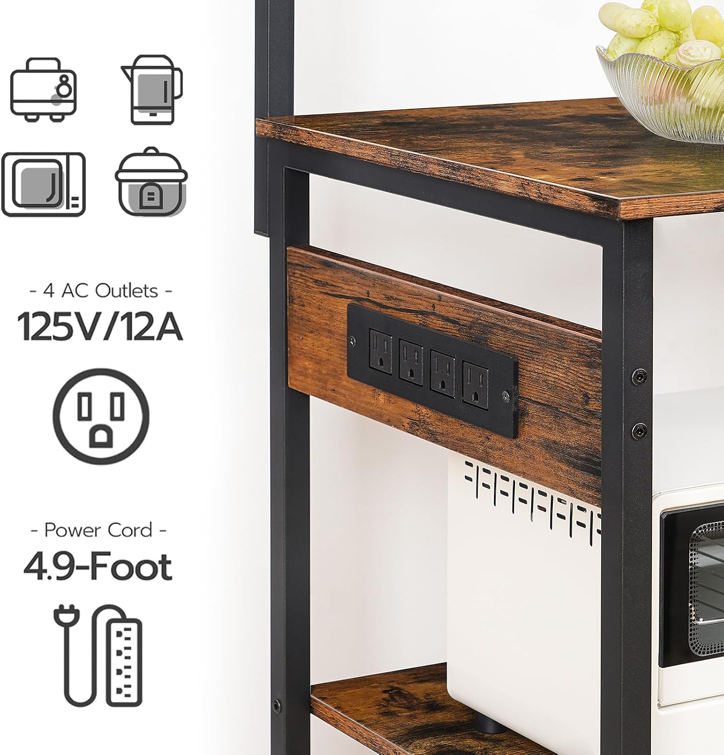 HOOBRO Large Bakers Rack with Power Outlets, 6-Tier Microwave Stand with 4 Hooks, Coffee Bar, Kitchen Shelf with Wire Basket, for Kitchen, Living Room, Office, Rustic Brown and Black BF64UHB01