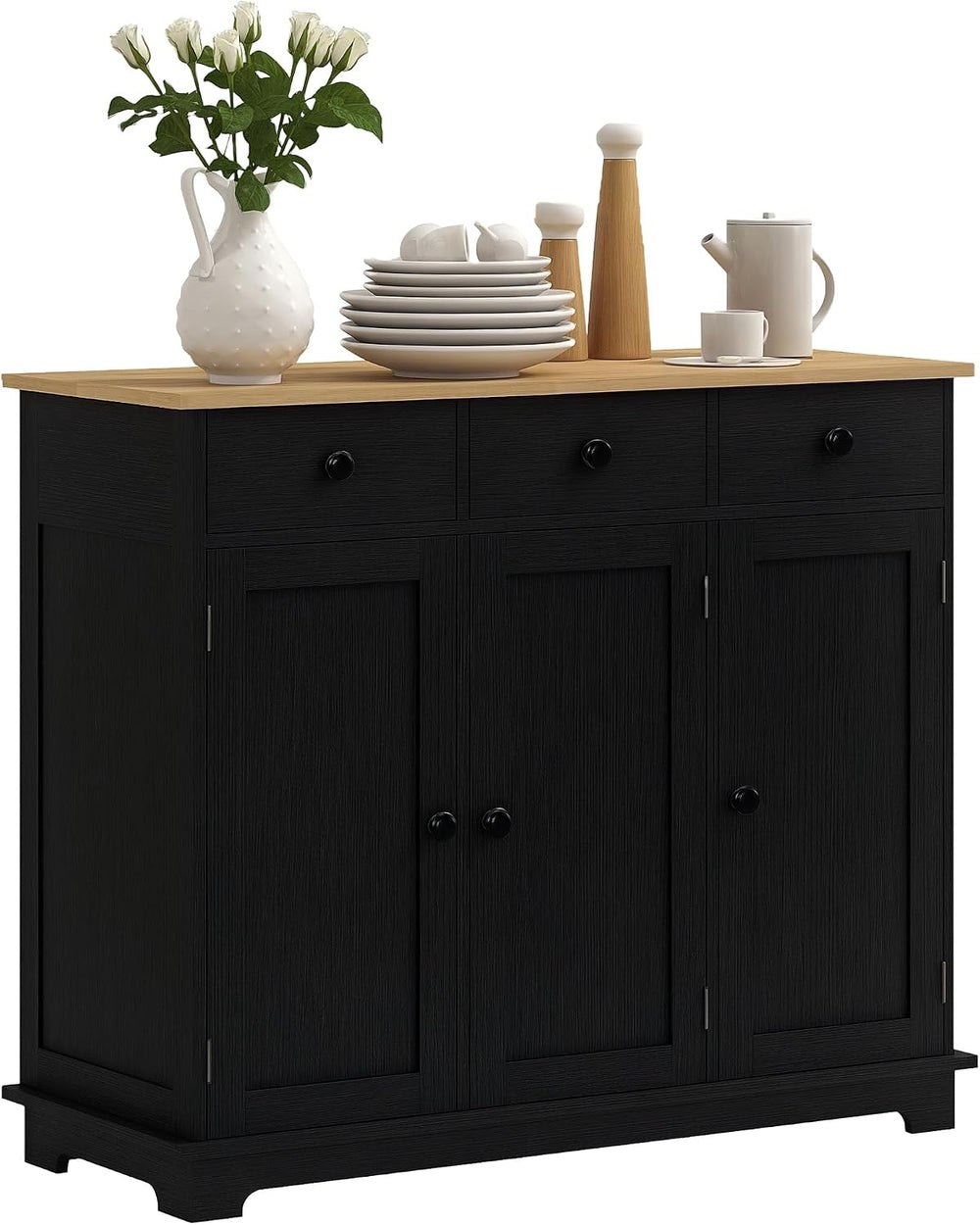 HOMCOM Sideboard Buffet Cabinet Solid Wood Countertop Modern Black