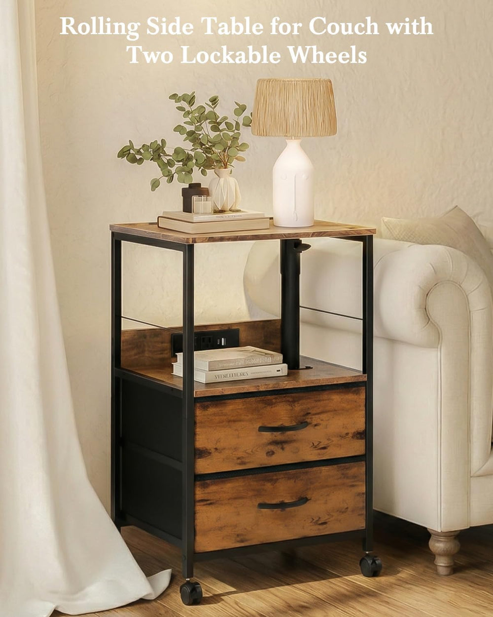 Faesun Swivel Lift Top Nightstand with Charging Station, Rolling Side Table f...
