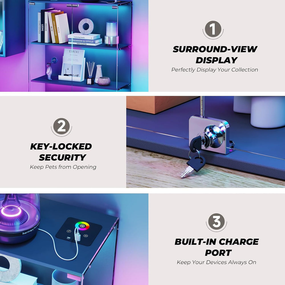 VersionTECH. Glass Display Cabinet with RGB LED Lights, Full-View Display, 3-...