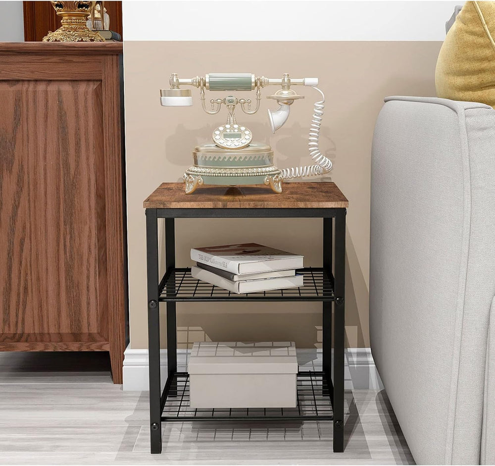 Wrought Iron Bedside Table with 3 Tier Open Storage Shelf Sofa Side Table, Po...
