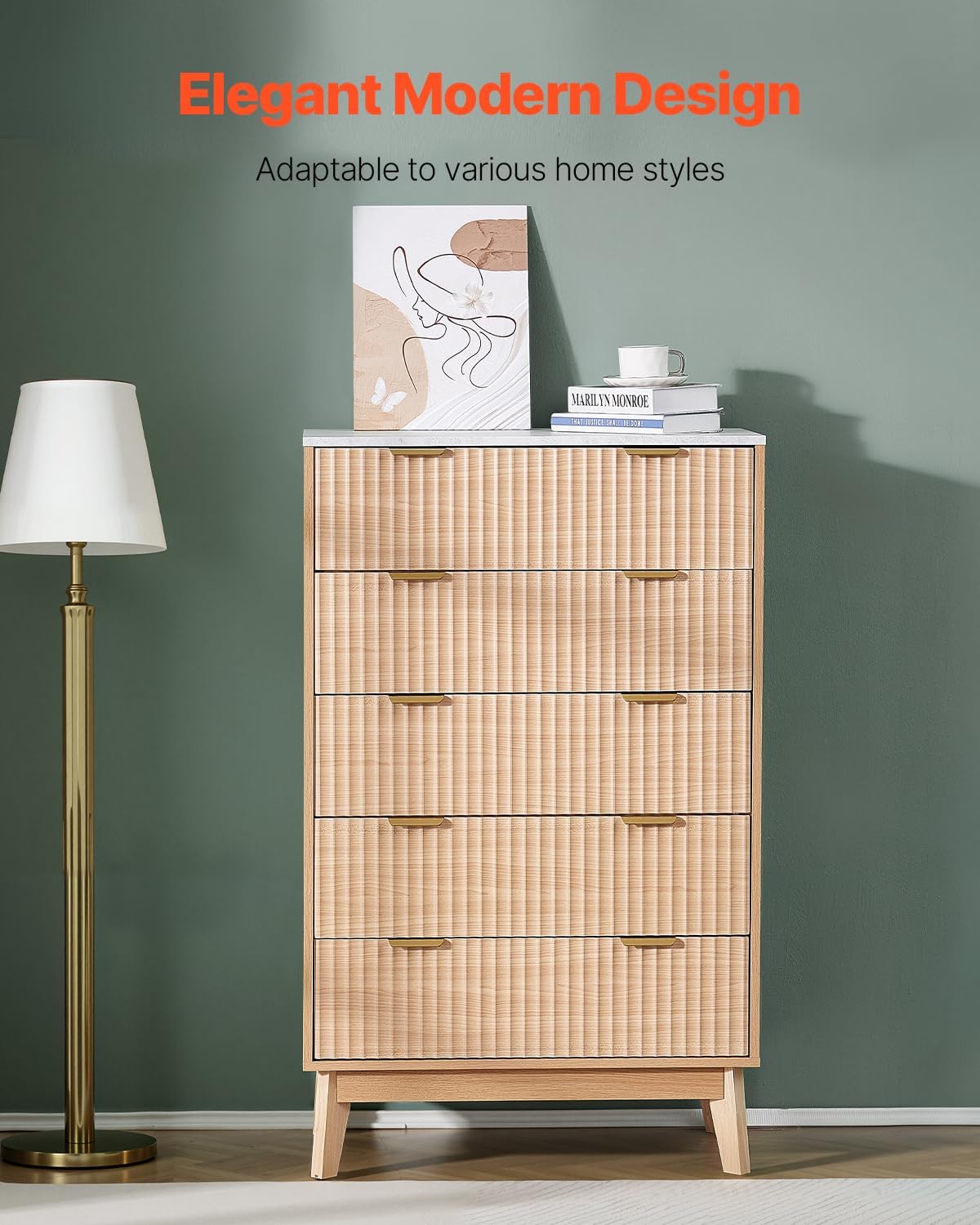 VEVOR 5 Drawer 48" Tall Fluted Bedroom Dresser, Modern Chest of Drawers with Gold Metal Handles, Faux Marble Top, Wood Dresser Closet Storage Organizer for Living Room, Hallway, Entryway, Natural Oak
