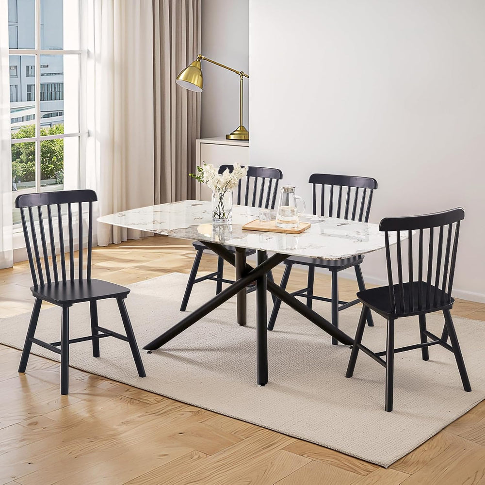 Black Windsor Dining Chairs Set of 6, Solid Wooden Dining Chairs, Spindle Bac...