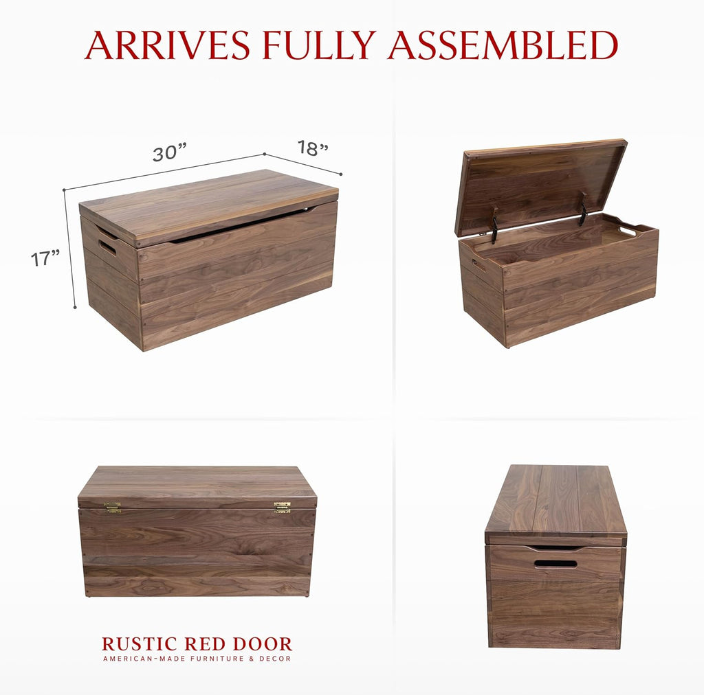 Amish Made Wooden Storage Chest Trunk Box with Lid and Handles for Bedroolanket, Clothes, Anti-Slam Hinges, Handmade, Rustic, Walnut Wood, Natural Stain, 30"