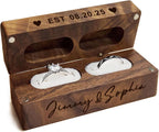 EDSG Personalized Wedding Ring Box 2 Slots, Flip Wooden Ring Holder, Engraved Ring Bearer Box with Names & Date (Design 3)