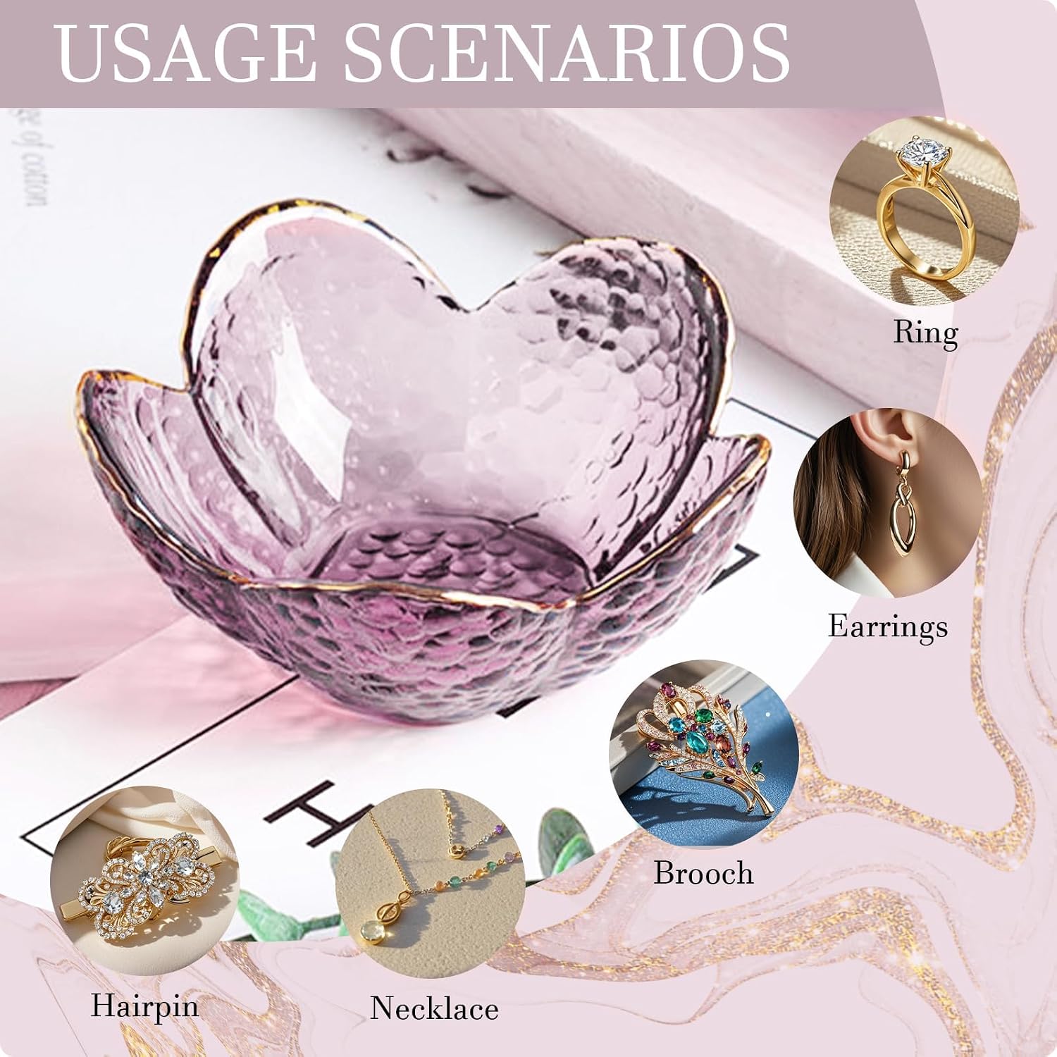 Purple Flower Jewelry Dish Glass Ring Holder Dish Jewelry Tray Cute Vanity Organizer Aesthetic Nightstand Bathroom Room Decor Trinket Dish Mothers Day Friendship Christmas Birthday Gifts for Women