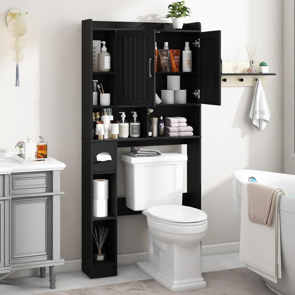 Vabches Over The Toilet Storage Cabinet, Farmhouse Storage Cabinet Over Toilet with Barn Door, Home Space-Saving Toilet Rack, for Bathroom, Restroom, Laundry（Black）.