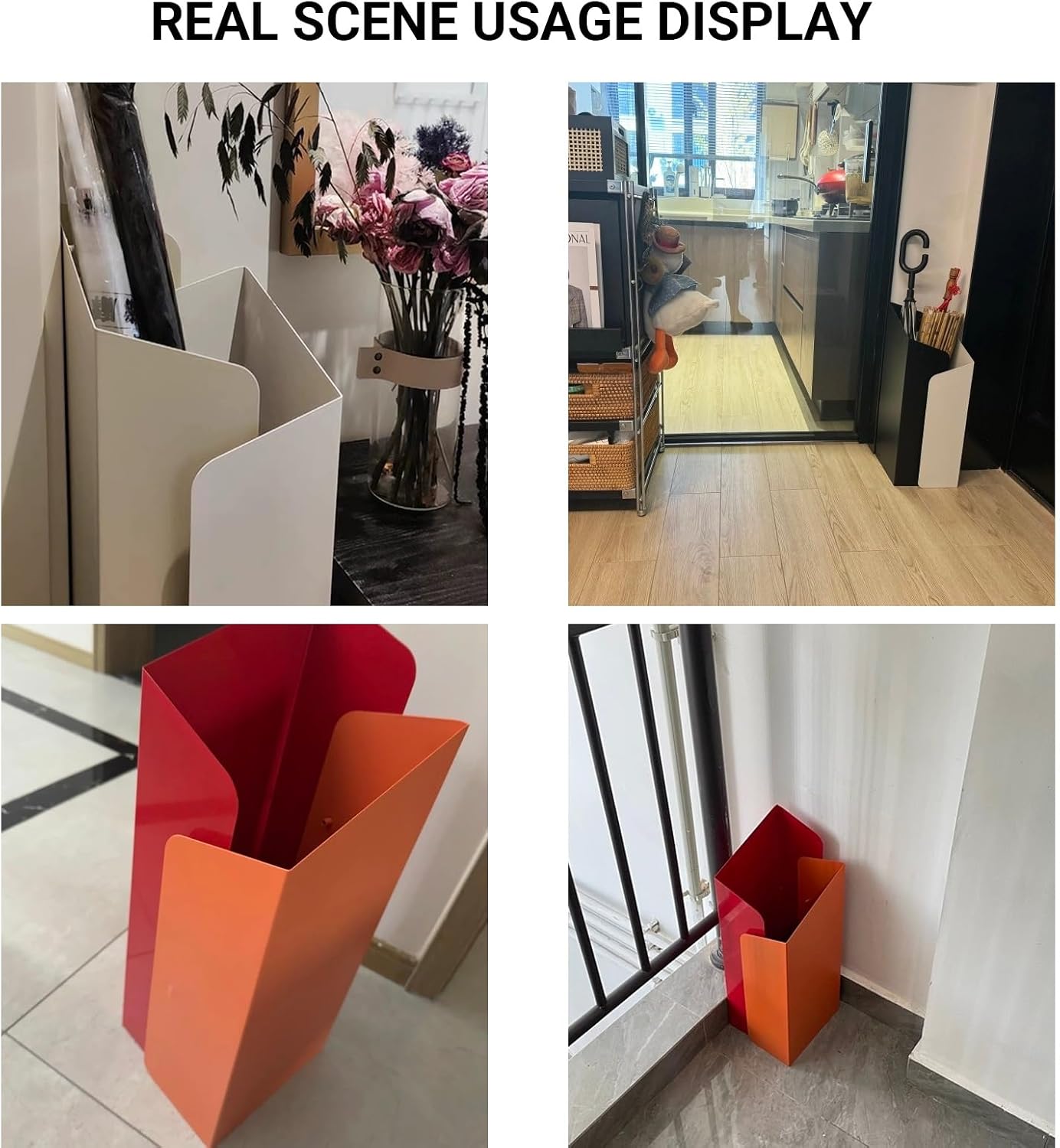 Artistic Color-Block Umbrella Stand for Entryway, Modern Geometric Sculptural Umbrella Holder with Drip Tray, Metal Indoor Rack for Walking Sticks(Red+Orange)