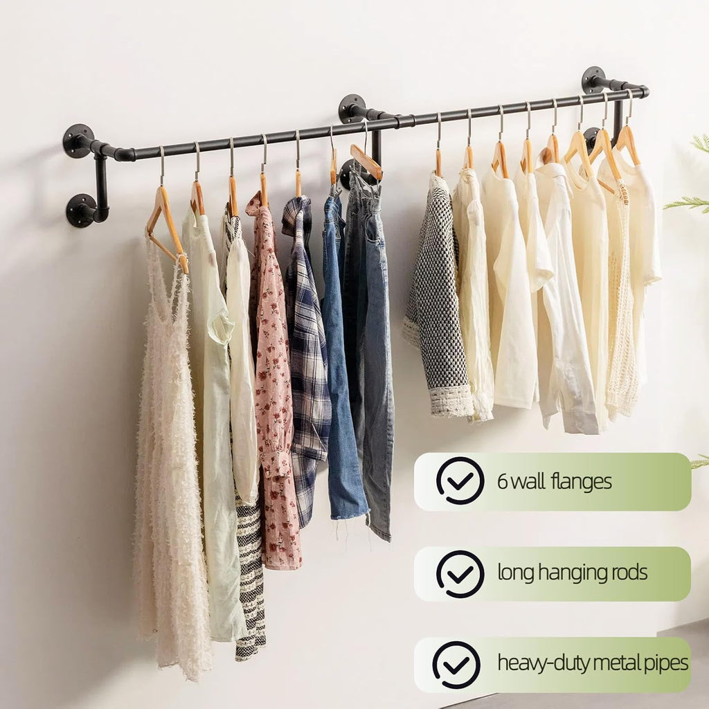 Wall Clothes Rack, Industrial Pipe Clothing Rack for Hanging Clothes, Wall Mounted Heavy Duty Space Saving Garment Racks, Multi-Purpose Clothing Hanging Rods for Closet Storage, Black